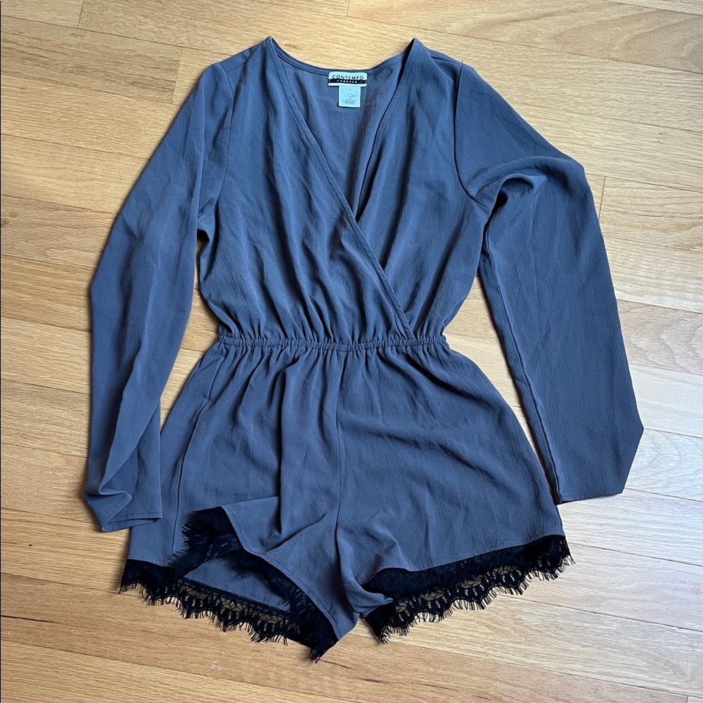 Contempo Casuals Gray Lace Trim Romper